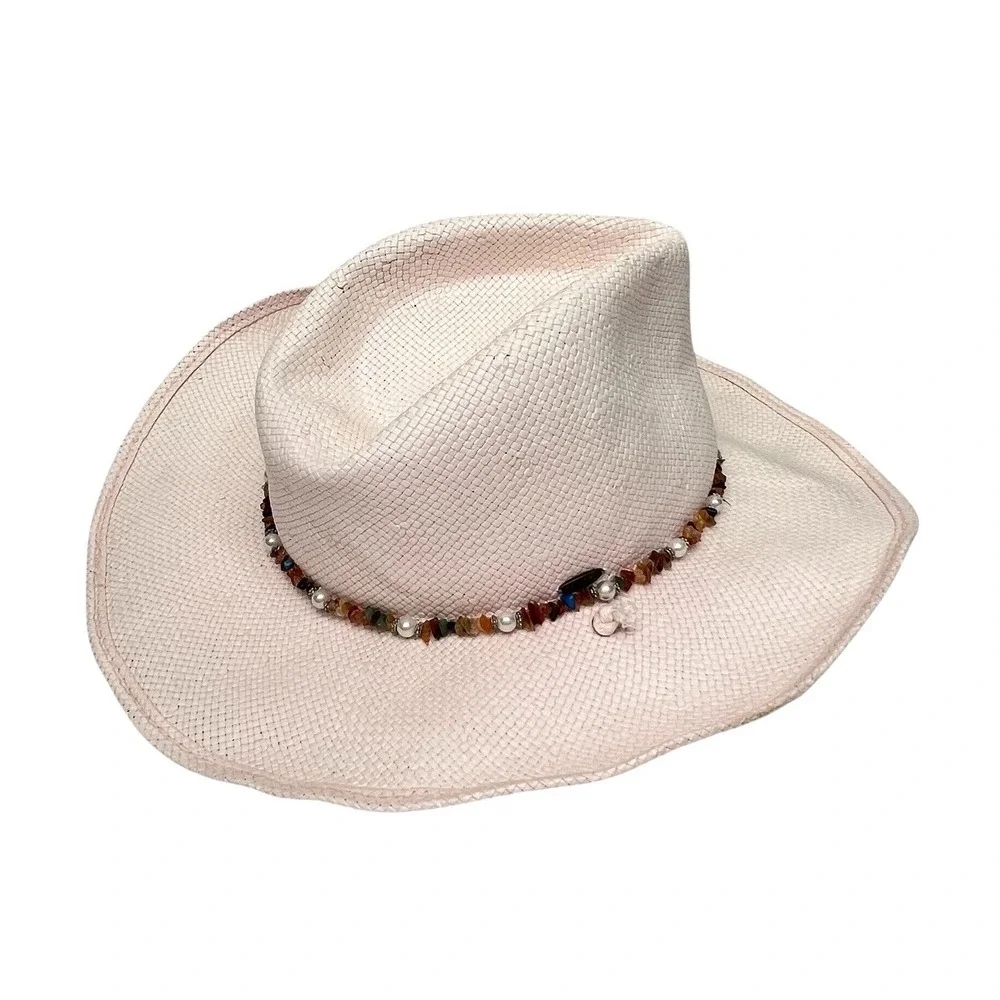 Scala Women's Pink Cowgirl Western Straw Hat Pearls & Stones & Wire Brim Sz S/M